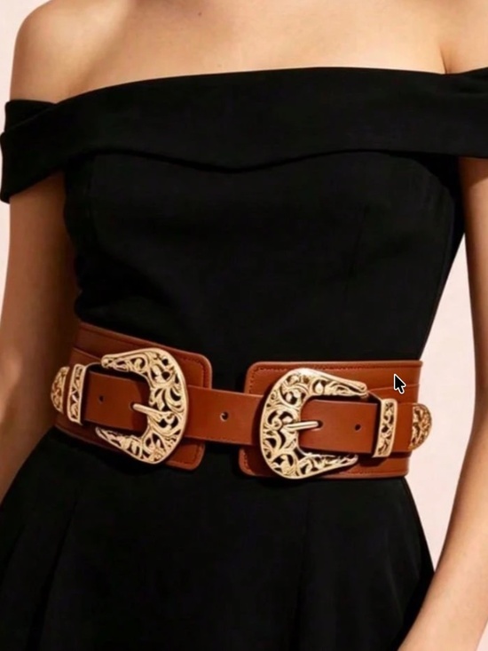 Western Vegan Leather Gold Tone Double Buckle Stretchy Wide Belt main image 7